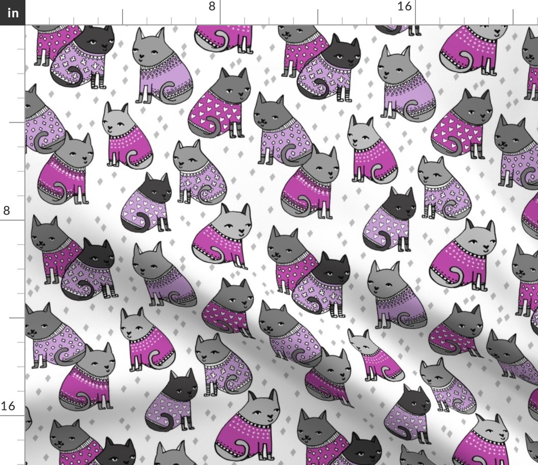 cats in sweaters // purple heart and love sweaters for sweet little girly prints and cat lady valentines day design