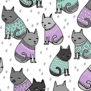 cats in sweaters // lilac and mint heart and plus sweaters for cat lady fashion fabrics and girly prints