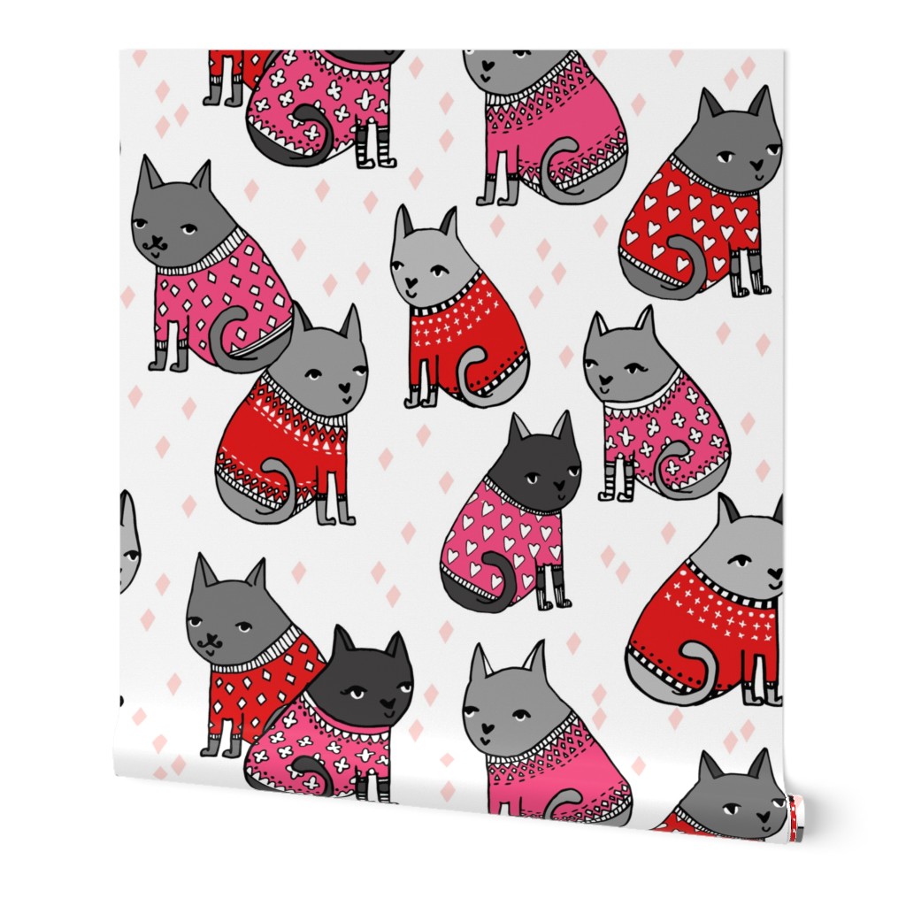 cats in sweaters // pink and red hearts and valentines love sweaters in repeating print for little girls and cat ladies