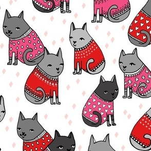 cats in sweaters // pink and red hearts and valentines love sweaters in repeating print for little girls and cat ladies