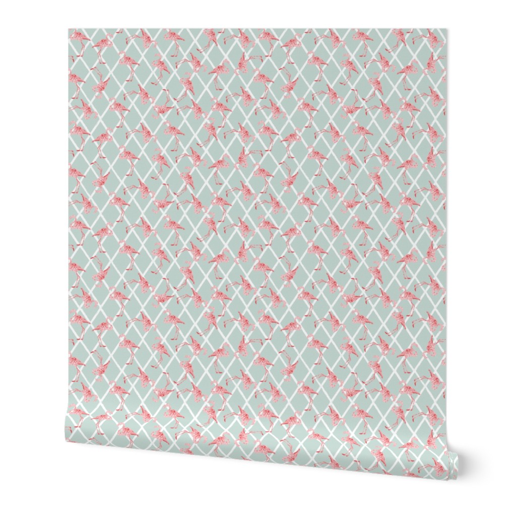 Pink Flamingos on Blue/Gray Hatched Background