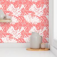 Tropical Leaves in Coral & White on Pink