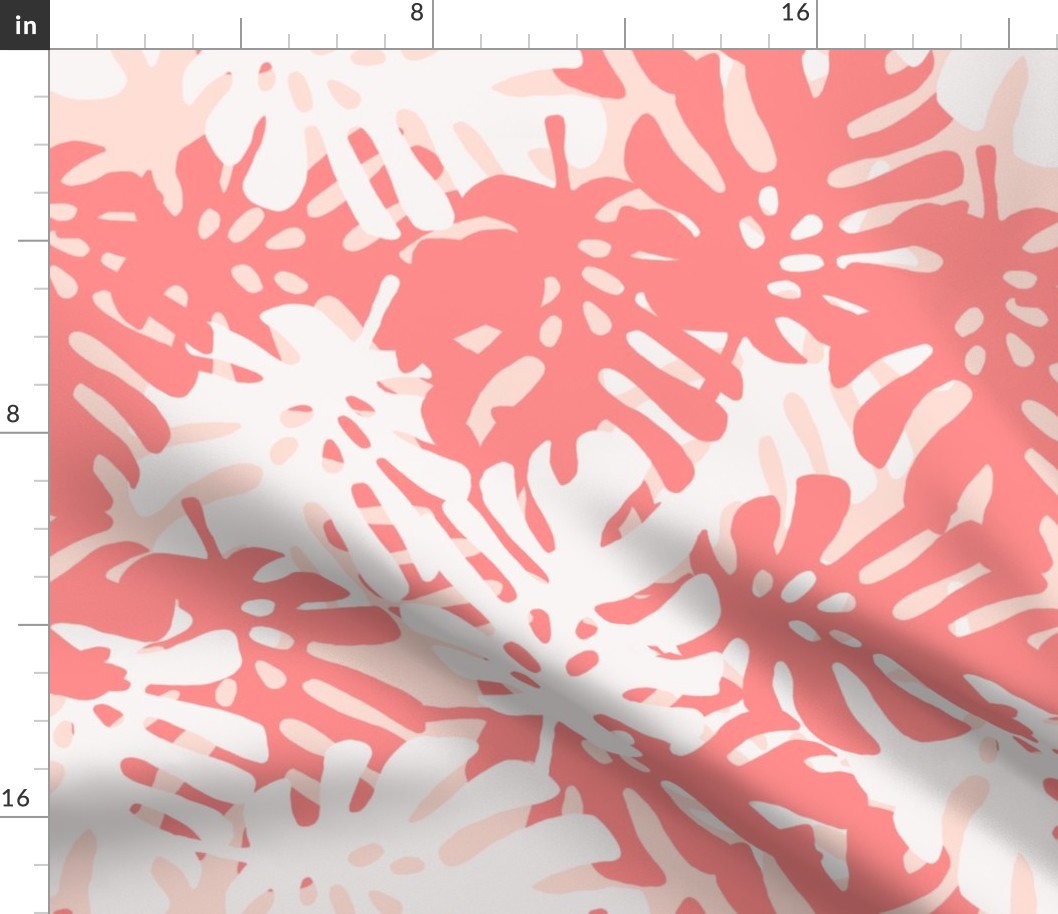 Tropical Leaves in Coral & White on Pink