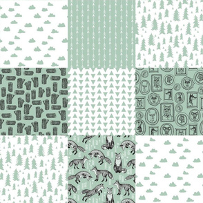 woodland cheater quilt // mint and white cute patchwork squares foxes nursery bear woodland arrows