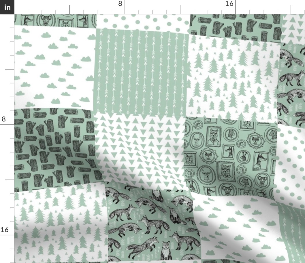 woodland cheater quilt // mint and white cute patchwork squares foxes nursery bear woodland arrows
