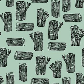 tree logs // stump tree logs woodland forest lumberjack wood hand-drawn nursery mint illustration