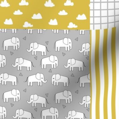 elephant quilt // elephant mustard and grey patchwork squares