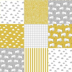 elephant quilt // elephant mustard and grey patchwork squares