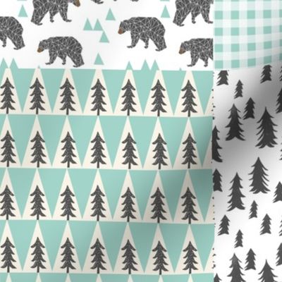 moose quilt squares // moose antler trees forest bear triangles mint charcoal grey kids baby nursery bedding quilt