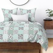 moose quilt squares // moose antler trees forest bear triangles mint charcoal grey kids baby nursery bedding quilt