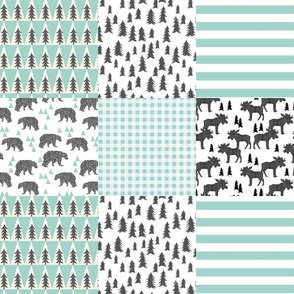 moose quilt squares // moose antler trees forest bear triangles mint charcoal grey kids baby nursery bedding quilt