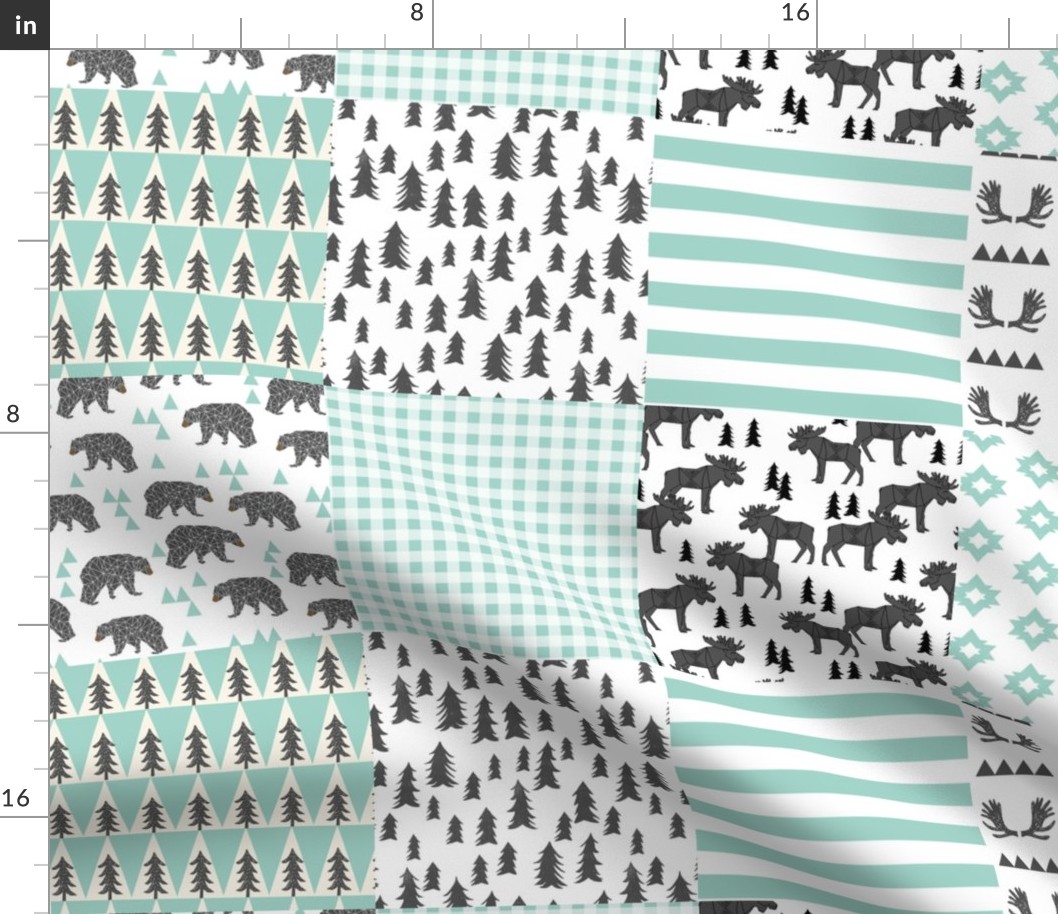 moose quilt squares // moose antler trees forest bear triangles mint charcoal grey kids baby nursery bedding quilt