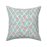 Watercolor Flamingos on Diamond Pattern Blue