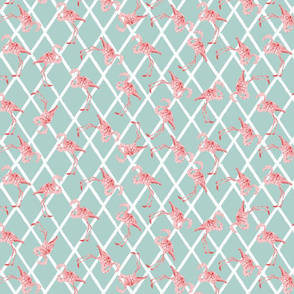 Watercolor Flamingos on Diamond Pattern Blue