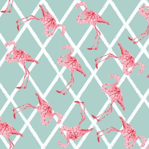 Pink Watercolor Flamingos on Diamond Blue Pattern