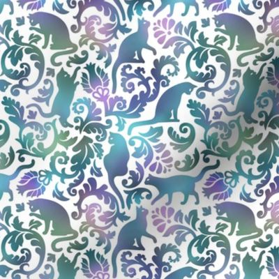 Cats In The Garden / Blue Purple Gradient White Background / Small Scale