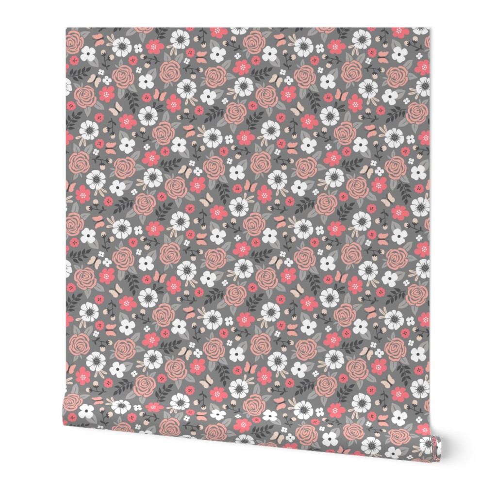 Flowers and Roses Floral on Grey