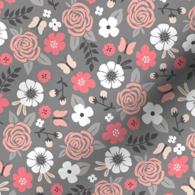 Flowers and Roses Floral on Grey