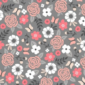 Flowers and Roses Floral on Grey