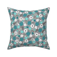 Flowers and Roses Floral in Blue on Grey