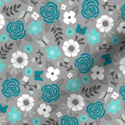 Flowers and Roses Floral in Blue on Grey