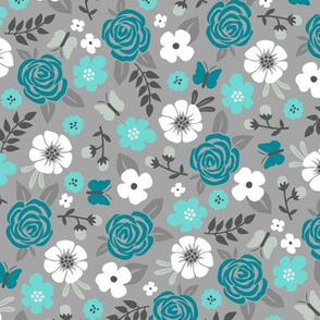 Flowers and Roses Floral in Blue on Grey