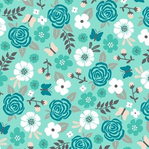 Flowers and Roses Floral Mint Green
