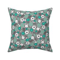 Flowers and Roses Floral in Mint Green on Grey