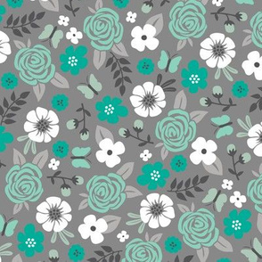 Flowers and Roses Floral in Mint Green on Grey