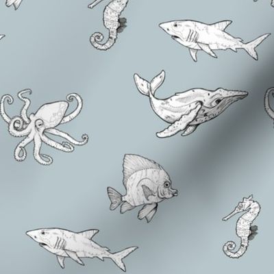 Black and White Ocean Creatures on Blue-Grey Background