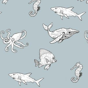 Black and White Ocean Creatures on Blue-Grey Background