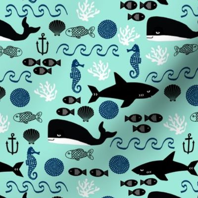 ocean whales shark summer fish ocean water anchor nautical mint navy blue boys nursery kids