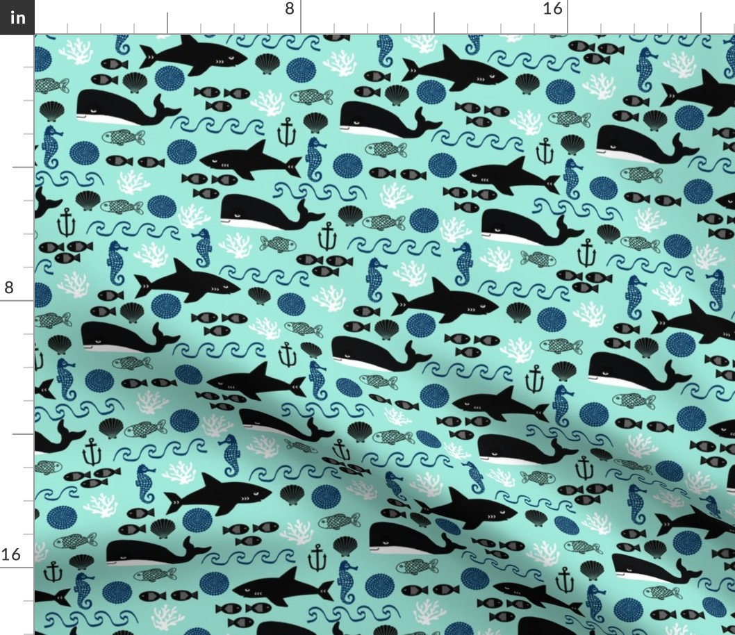 ocean whales shark summer fish ocean water anchor nautical mint navy blue boys nursery kids