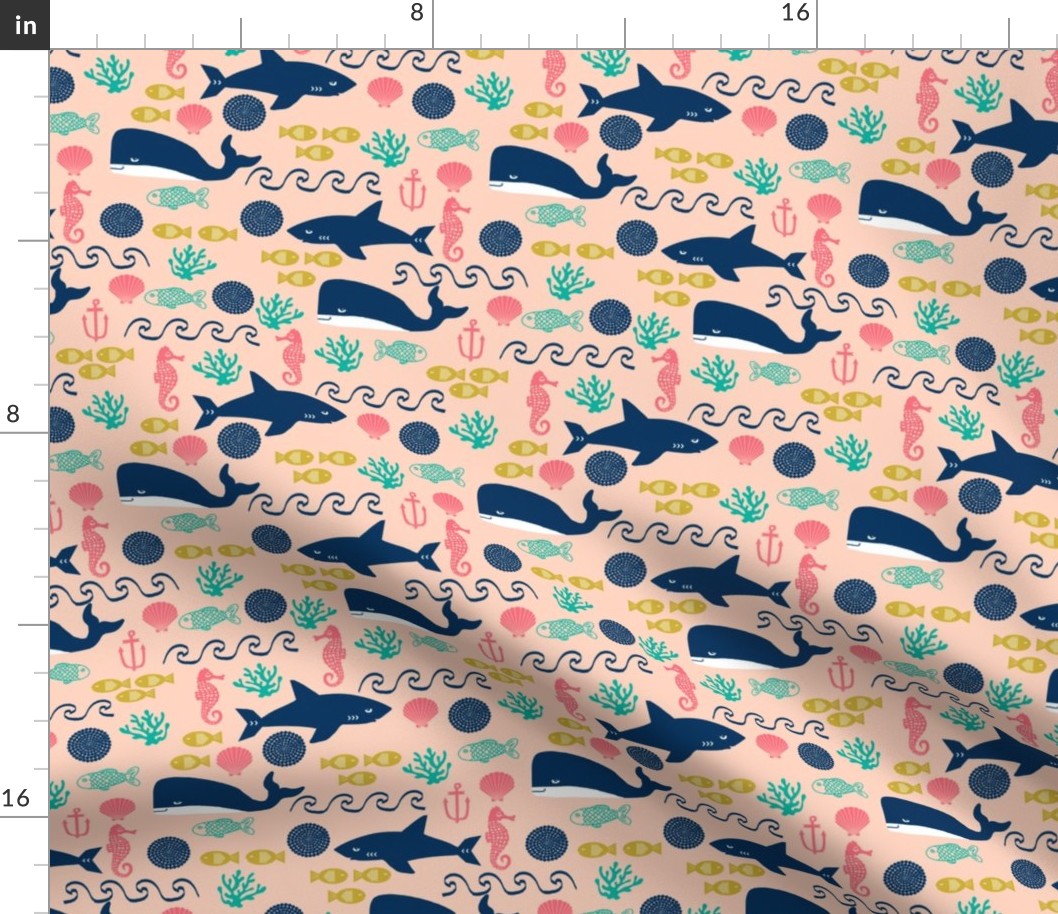 ocean fish water summer seahorse girly coral pink yellow mint shark whales cute kids nursery baby 