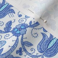 White Blue Embroidered Flowers