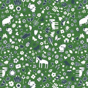 Pigs and Ponies Ditsy - Green and White