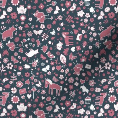 Pigs and Ponies Ditsy - Rose pink, Slate grey