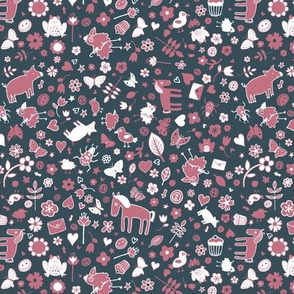 Pigs and Ponies Ditsy - Rose pink, Slate grey