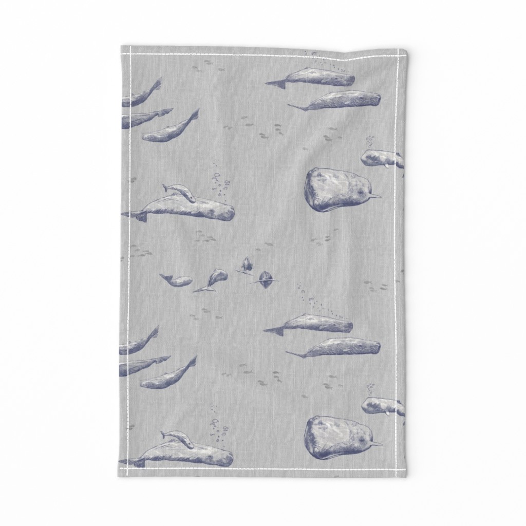 Whale Pod | Hand drawn sperm whales, sea life fabric in blue and gray, sea animals, whale print, ocean fabric.