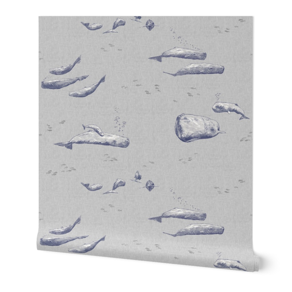 Whale Pod | Hand drawn sperm whales, sea life fabric in blue and gray, sea animals, whale print, ocean fabric.