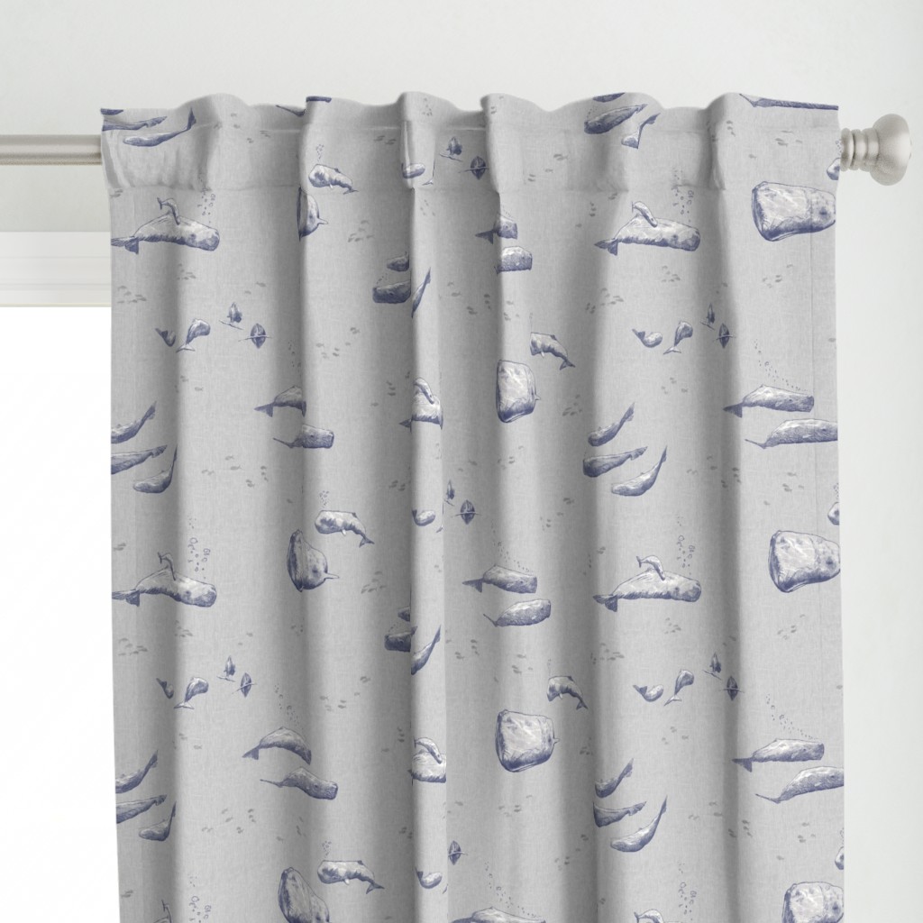 Whale Pod | Hand drawn sperm whales, sea life fabric in blue and gray, sea animals, whale print, ocean fabric.