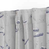 Whale Pod | Hand drawn sperm whales, sea life fabric in blue and gray, sea animals, whale print, ocean fabric.