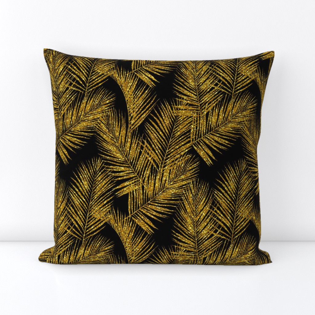 gold glitter palm leaves - black, small. silhuettes faux gold imitation tropical forest black background hot summer palm plant leaves shimmering metal effect texture fabric wallpaper giftwrap