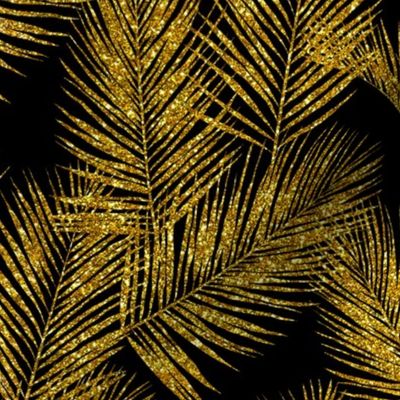 gold glitter palm leaves - black, small. silhuettes faux gold imitation tropical forest black background hot summer palm plant leaves shimmering metal effect texture fabric wallpaper giftwrap