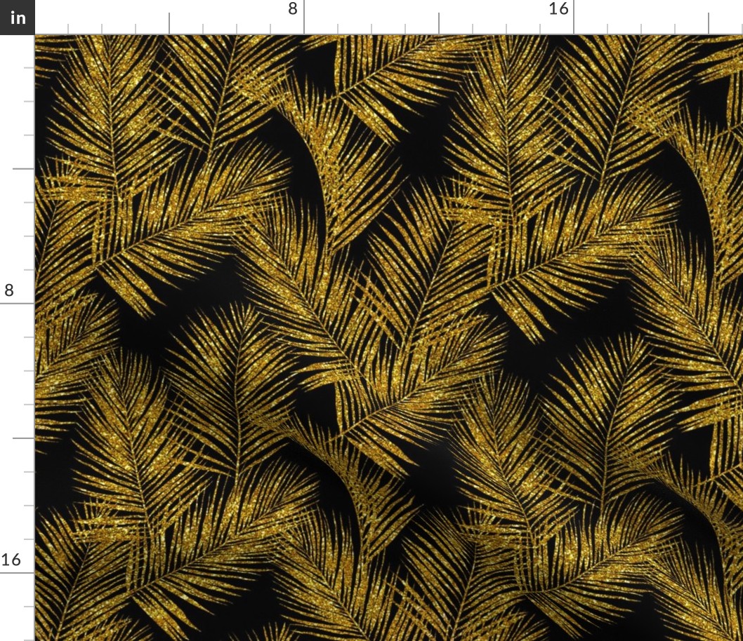 gold glitter palm leaves - black, small. silhuettes faux gold imitation tropical forest black background hot summer palm plant leaves shimmering metal effect texture fabric wallpaper giftwrap