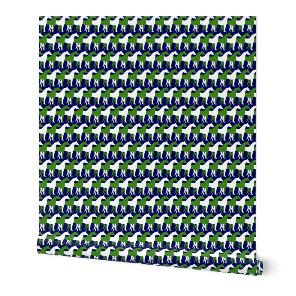 Two Inch Green and White Overlapping Horses on Navy Blue