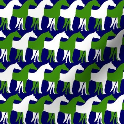 Two Inch Green and White Overlapping Horses on Navy Blue