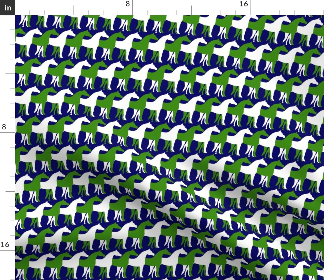 Two Inch Green and White Overlapping Horses on Navy Blue