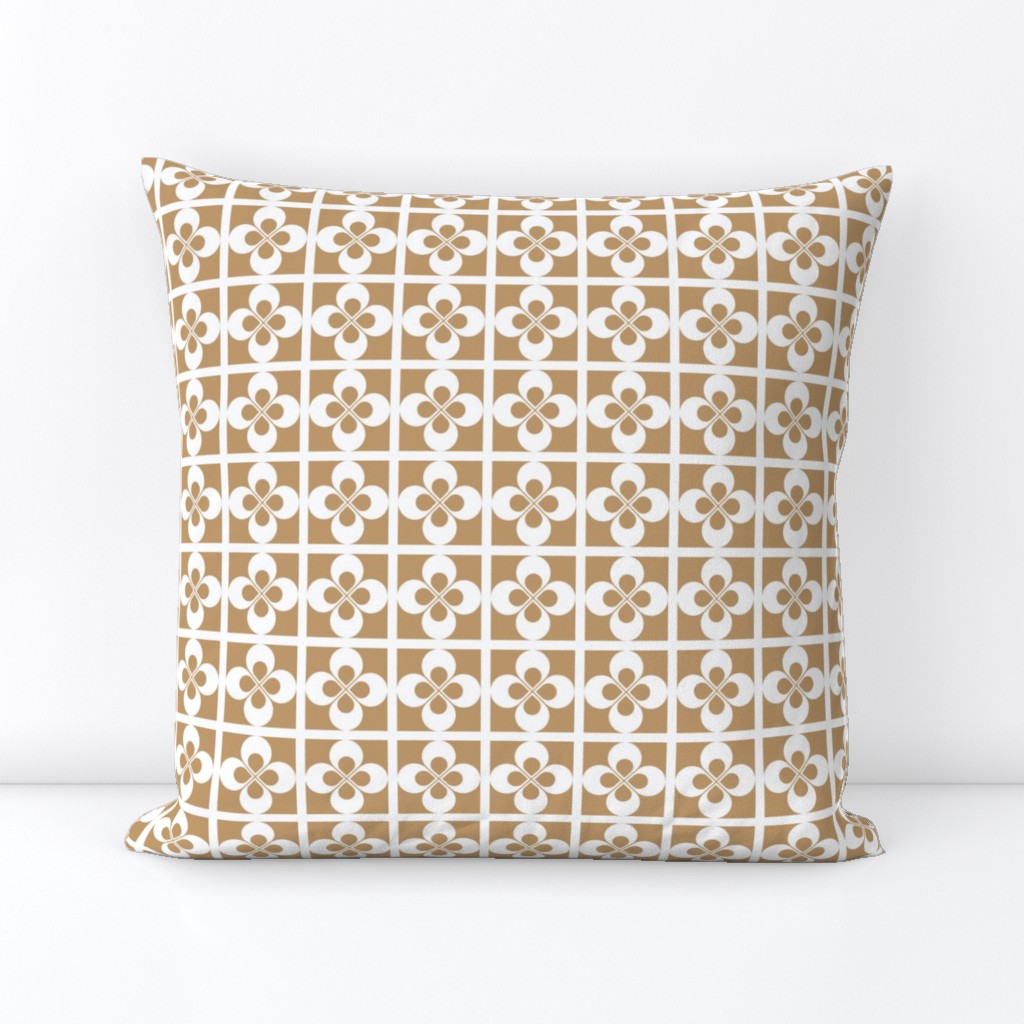 White Geometric Floral on Camel Brown