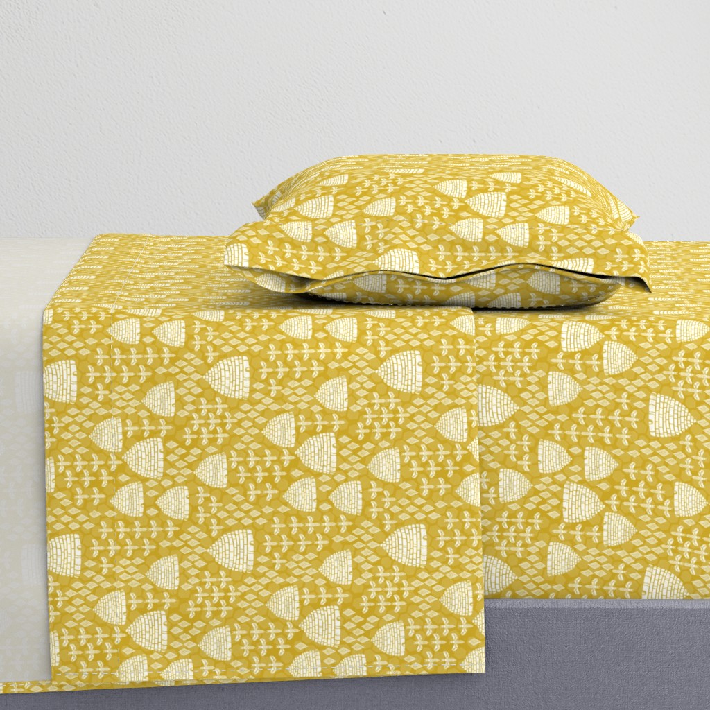 bee hives // golden yellow spring florals flower bumble bee linocut block printed textiles